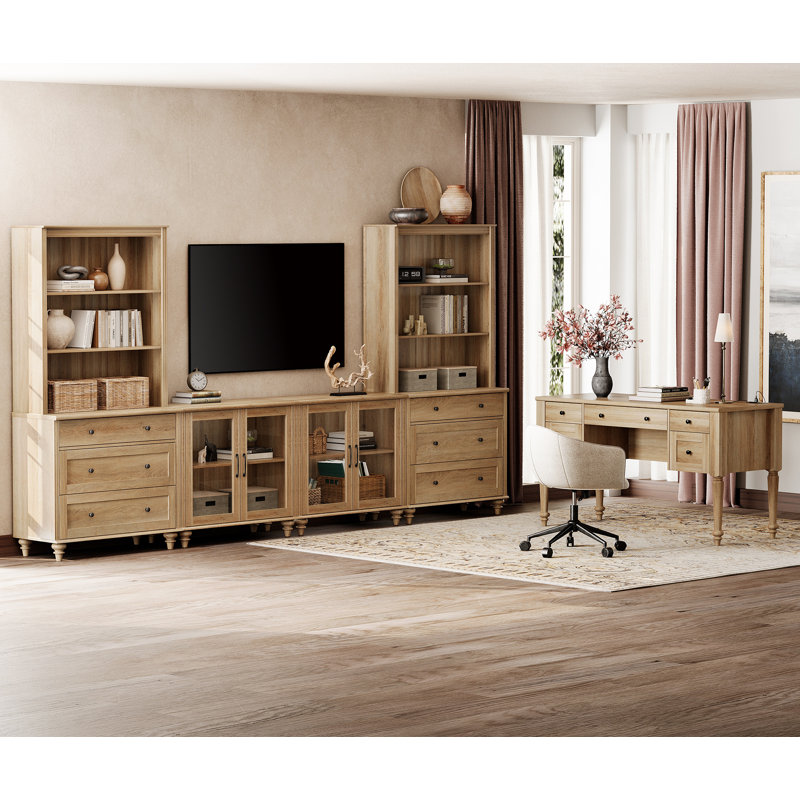Farmhouse Style Desk And TV Stand Combo Set, Entertainment Center With Bookshelves For Tvs Up To 75", Glass Storage Cabinet,Writing Desk With 5 Drawers For Home Office And Living Room, Oak