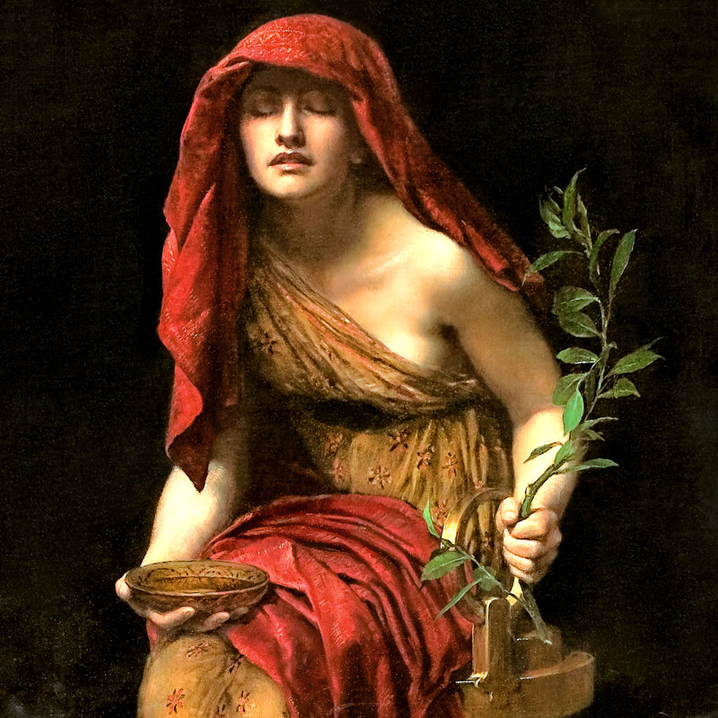 "La prêtresse de Delphes, 1891" par John Collier, reproduction de peinture à l'huile finie à la main avec quincaillerie de fixation