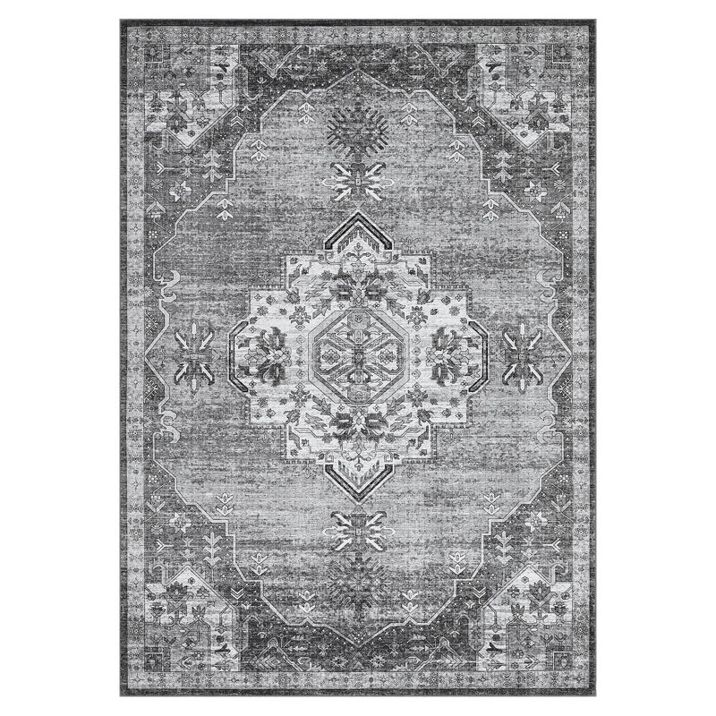 Tapis lavable à la machine Vintage, Gris, Rectangulaire 8 pi x 10 pi