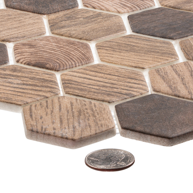 Terrain 2'' Hex Glass Mosaic Kitchen Backsplash, Bathroom, Shower, Wall and Floor Tile, Walnut