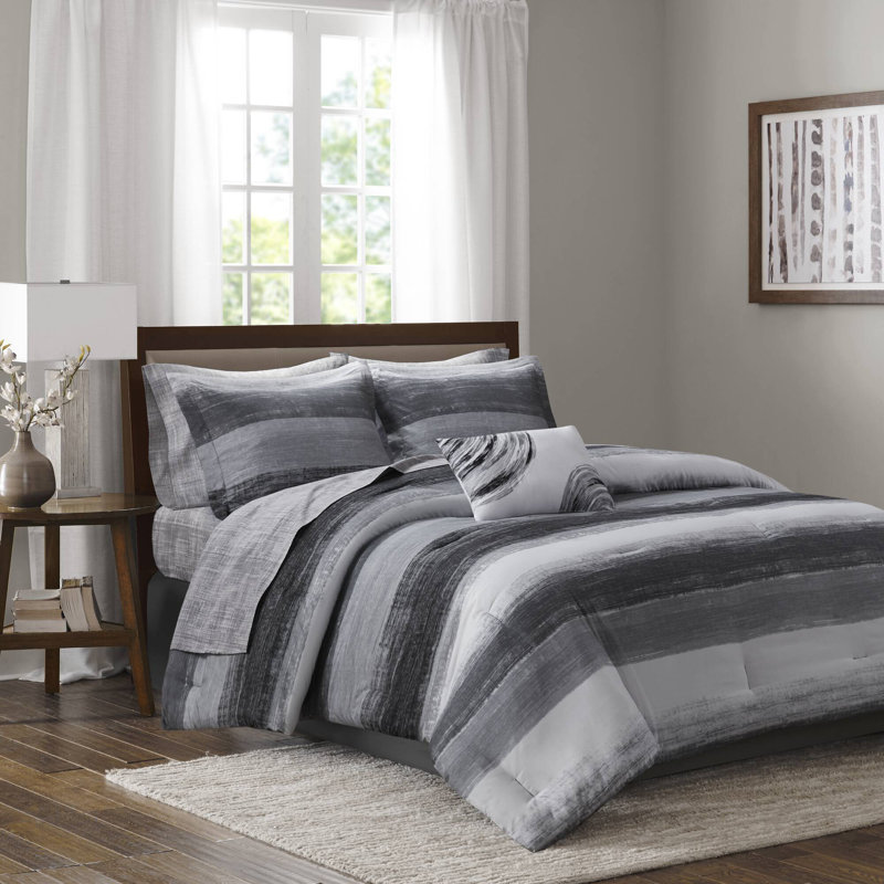 -piece Queen Black Bedding Set, Microfiber Comforter With Cotton Sheets For Modern Bedrooms