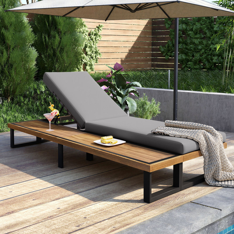 Outdoor Acacia Wood Chaise Lounge , with 5-Position Adjustable Backrest, Reclining with Cushion, Patio Lounger with Wood Side Table