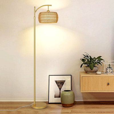 Lampe sur pied avec 3 températures de couleur, lampe sur pied à DEL dorée avec télécommande et ampoule à intensité variable, lampe sur pied avec abat-jour en rotin et en tissu, lampe campagnarde haute pour chambre à coucher