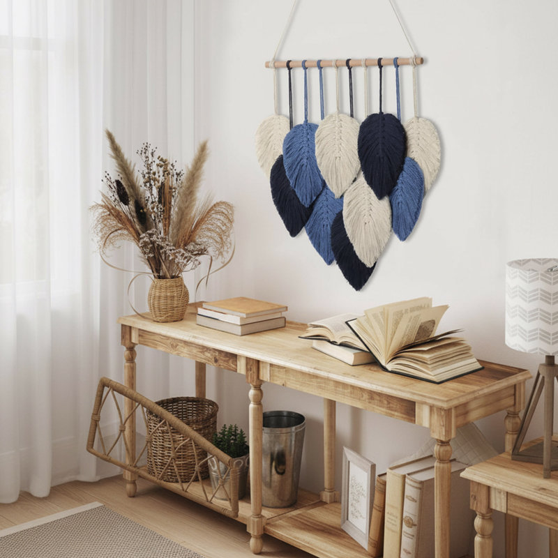 Macrame Leaf Wall Hanging with Wooden Rod, Handmade Boho Woven Tassel Tapestry for Bedroom, Living Room and Apartment Decor (Navy Blue)