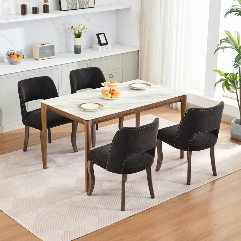 Chaises de salle à manger noires, tissu moderne recouvert de 2, conception évidée, courbé avec des clous en cuivre faits à la main, respirant et usé, système à double rebond, pieds en bois d'hévéa massif pour les salles d'art 2 américaines