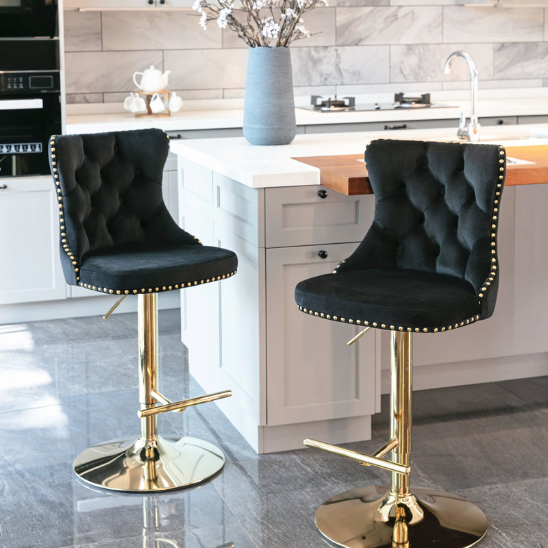 Hauteur de siège réglable, noir, pivotant doré, confortable, velours, moderne, tabourets de bar avec dossier, de 2, pub à domicile, îlot de cuisine, pivotant de 25 à 33 po, noir moderne pour pub et espace