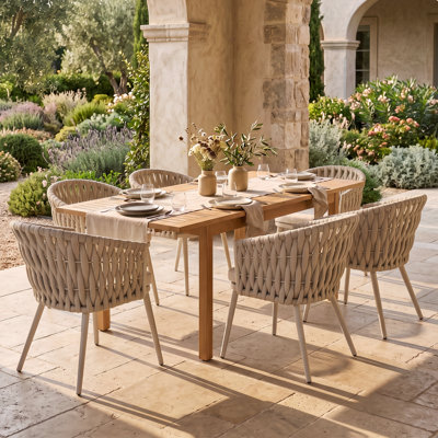 7-Piece Outdoor Dining Set With Extendable Acacia Wood Table and 6 Barrel Woven Rope Armchairs