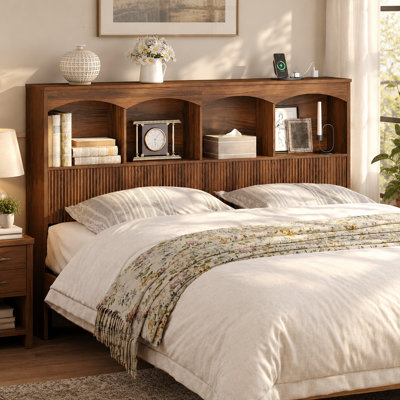 Queen Size Headboard with Charging Station and 4 Arched Storage Shelves, Bookcase Headboard with Bed Frame Adapters, Fluted Panel Headboard