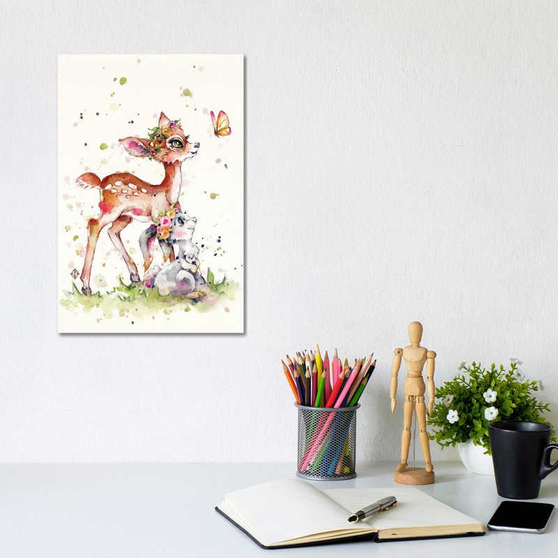 Sweet Woodland Friends (Deer & Bunny) by Sillier Than Sally - Wrapped Canvas Painting, 20.32 cm H x 30.48 cm W