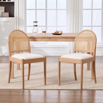 Ensemble de 2 chaises de salle à manger en rotin, rembourrées en lin avec pieds en bois, beige