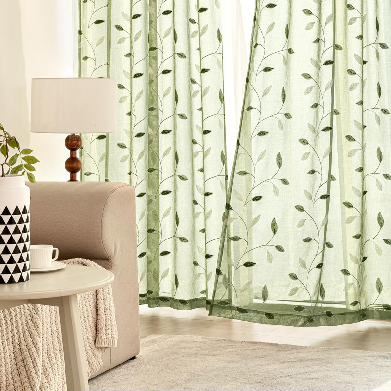 Rideaux voilages vert sauge, 2 panneaux, motif de feuilles, L 52 x H 84