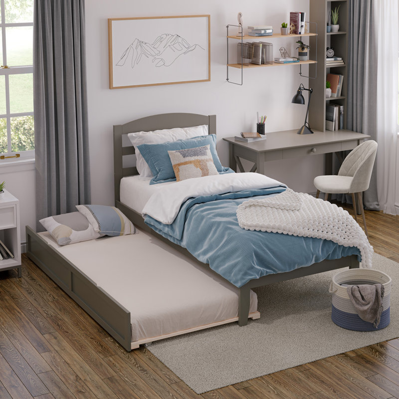 Lit plateforme en bois massif avec lit gigogne Elliana, Simple, gris