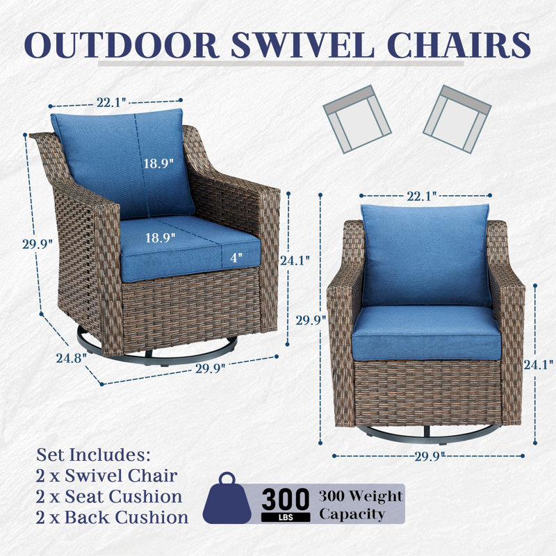 Jenesys Outdoor Swivel Glider Chairs & Side Table Set - Durable, Comfortable For Patios & Backyards, Blue