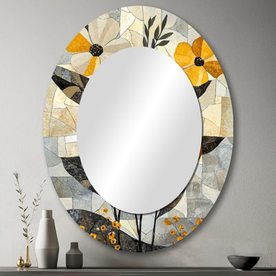 Summer Mosaic Flower On Grey Desert Blossom III - Abstract Oval Decorative Mirror On Metal