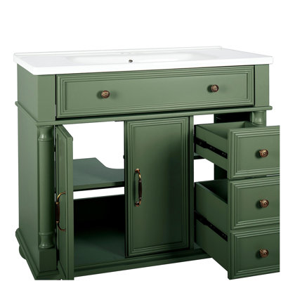 Meuble-lavabo de salle de bain 35,6 "de style Mid-Century avec base à colonne romaine, meuble-lavabo sur pied Farmhouse avec rangement, meuble-lavabo haut de gamme avec poignées en métal et structure en bois massif, vert