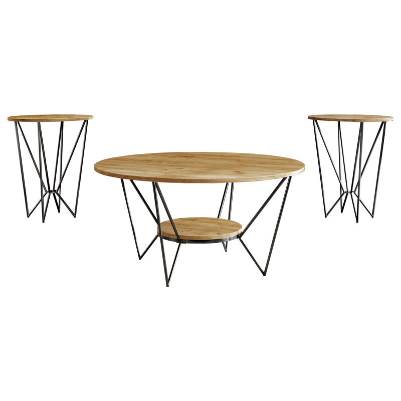 ENSEMBLE DE TABLE BASSE 3 PIÈCES EN MÉTAL CLAIR, Chêne clair