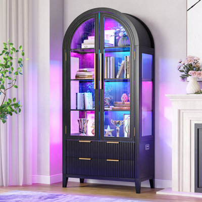 70.9" Tall Freestanding Arch Display Cabinet With Color Led Light Modes And Motion Sensor, Large Capacity Tempered Glass Doors Office Storage Cabinets