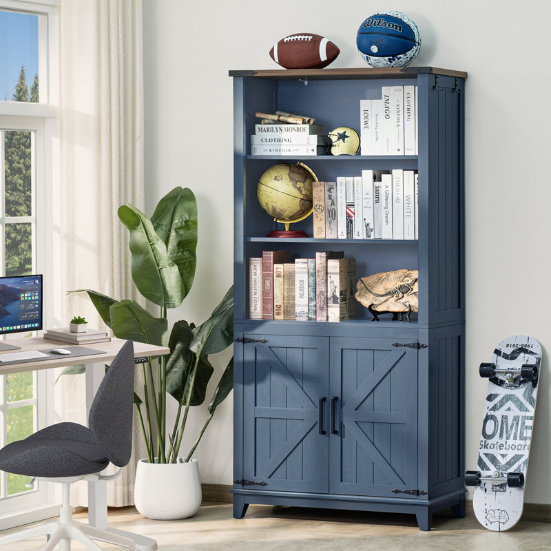 70in Tall Bookshelf 5 Tier Bookcase with Barn Doors and Adjustable Shelves,Farmhouse Book Shelf with Storage Cabinet,Wood Freestanding Display Bookshelves for Bedroom, Living Room