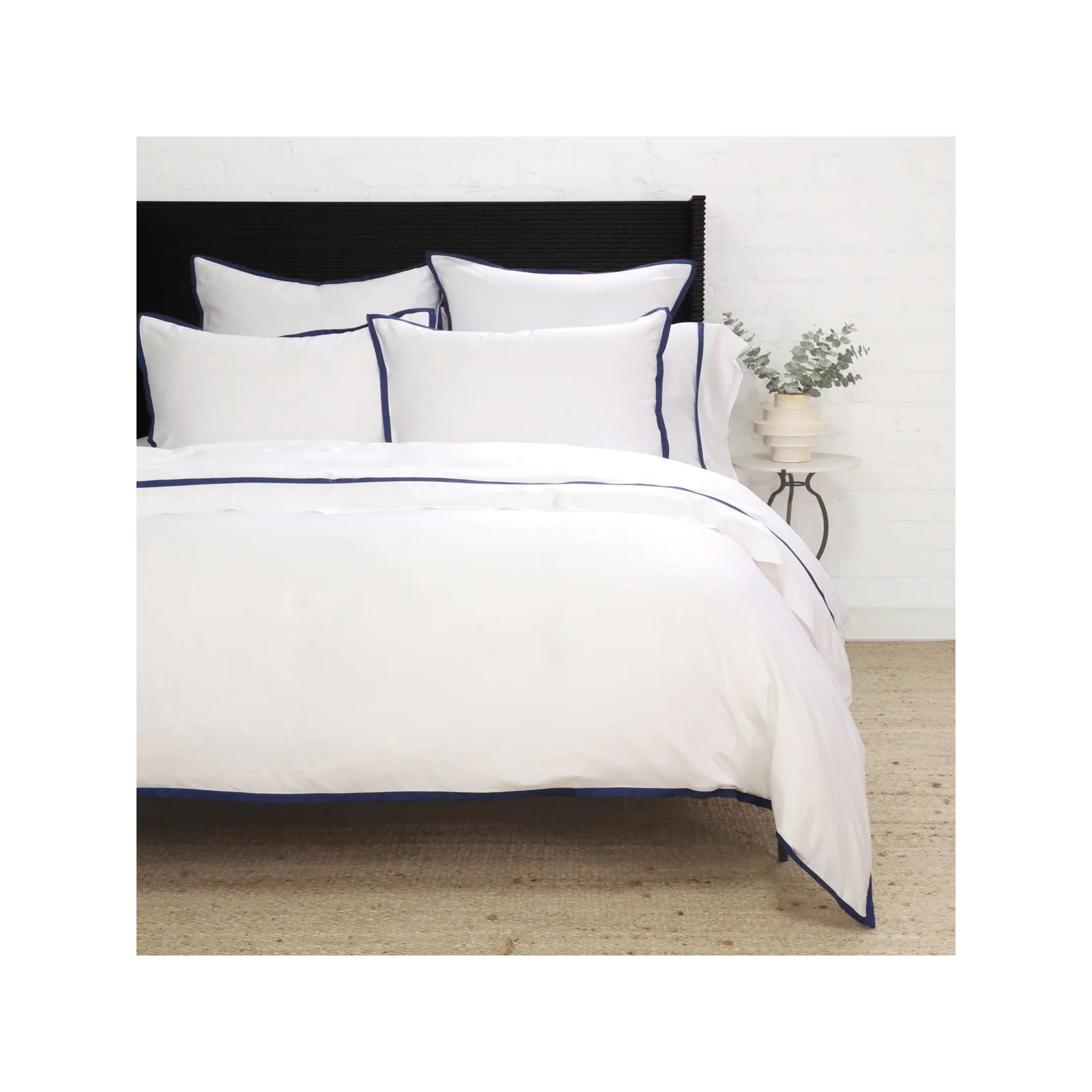 Langston Rayon Duvet Cover Set, White/Navy, Queen Duvet Cover + 2 Standard Shams