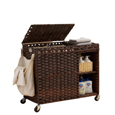 Laundry Hamper with Lid, 2-Section Laundry Basket with Wheels, 160L Handwoven Laundry Sorter with Storage Shelf, (Brown)