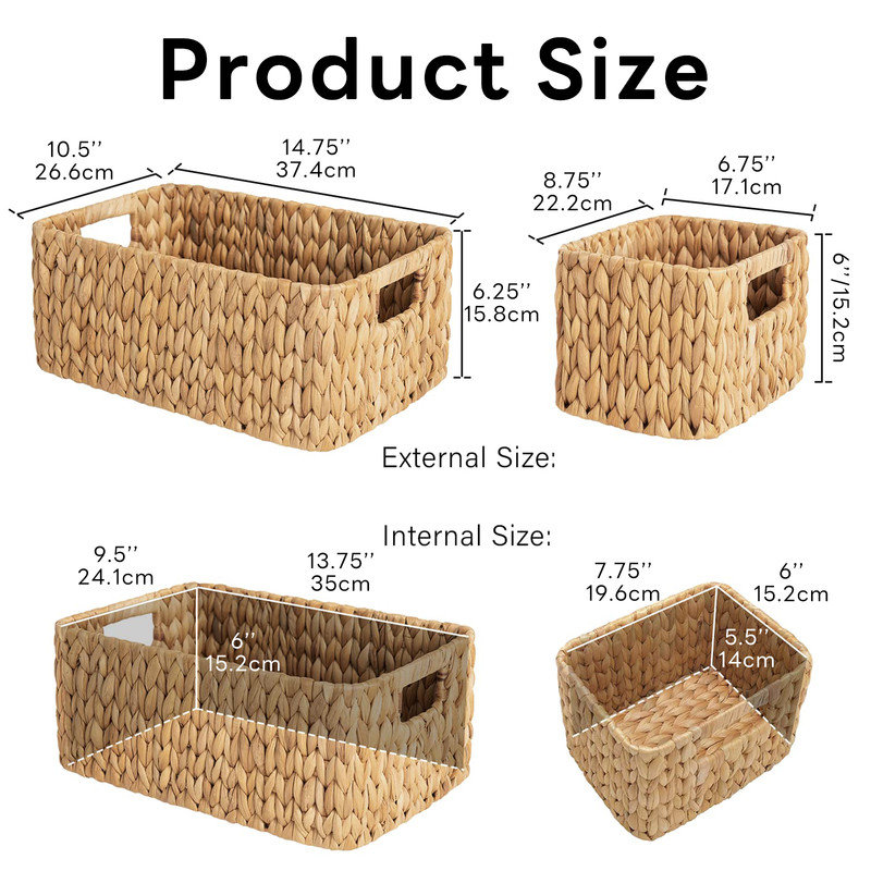 Paniers de rangement en osier pour tablettes, ensemble moyen de 3, en jacinthe d'eau, rangement pour chambre à coucher, salle de bain, salon, etc.