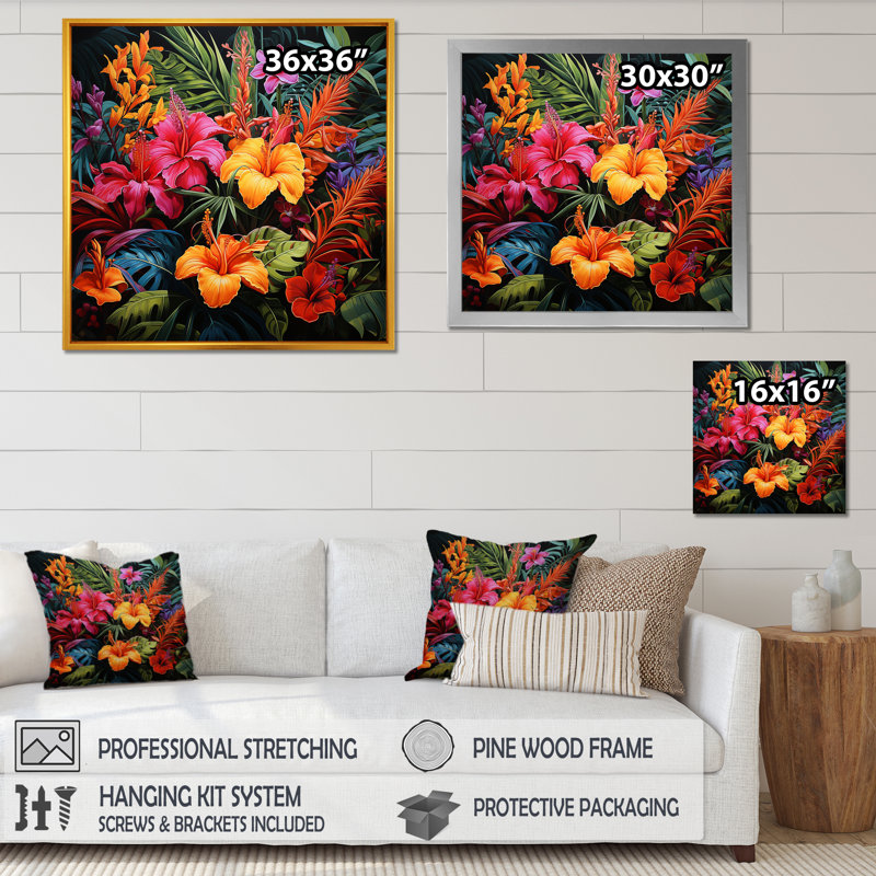 «Colorful Jungle Plants Dream» - art mural jungle, Toile tendue, H 16 po x l 16 po