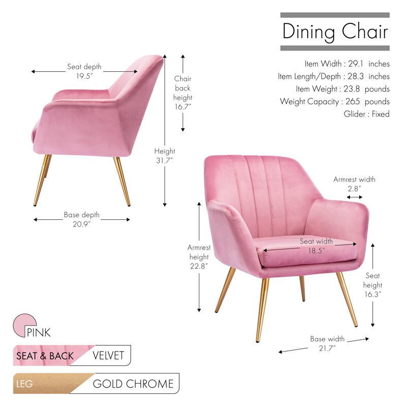 41.4cm H Velvet Upholstered Armchair, Pink