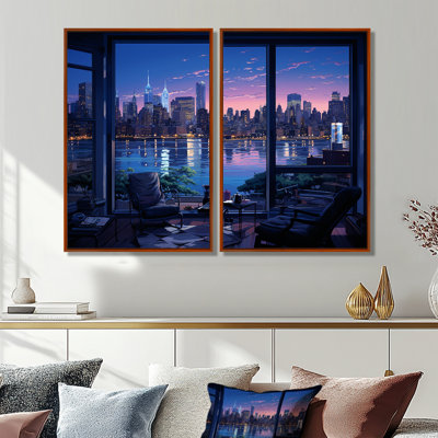 «Blue Nyc At Night Window View III», reproductions d'art industriel sur toile 2 pièces