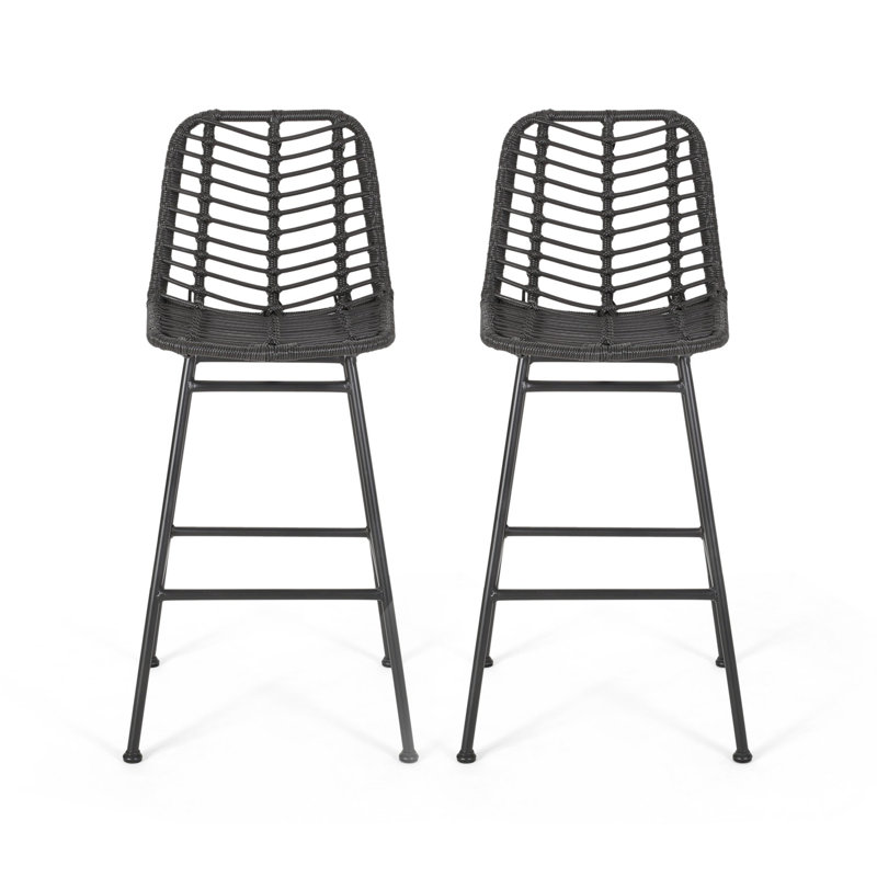 Gray and Black Wicker Outdoor Barstools with Iron Frame, Set of 2