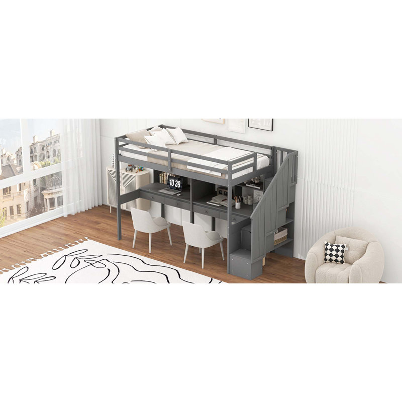 Structure de lit mezzanine avec escalier de rangement, double bureau et tablettes, Gris