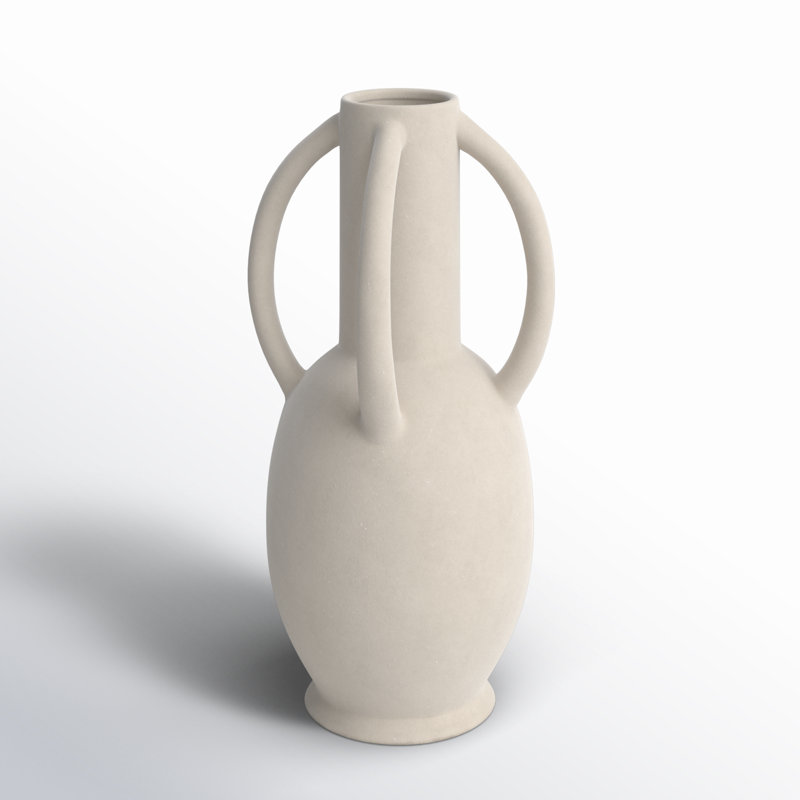 Ceramic Textured Decorative Vase with 4 Handles, Cream, 13.95" H x 13.95" W x 13.95" D