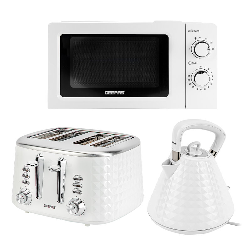 Geepas 3-Piece Kitchen Appliance Set – 20L 700W Microwave, 1.5L 3000W Rapid Boil Kettle & 4-Slice Toaster Bundle for Modern Home Kitchens