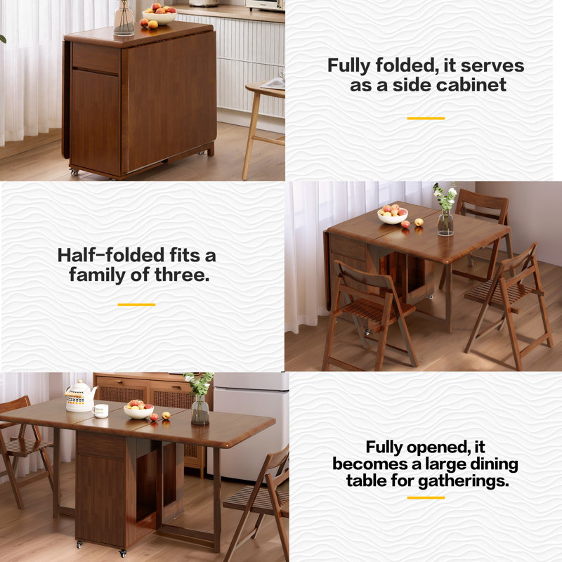Solid Wood Folding Table in Walnut, Mobile Design with Casters, 2 Drawers and Integrated Storage Compartment（Without Chairs）
