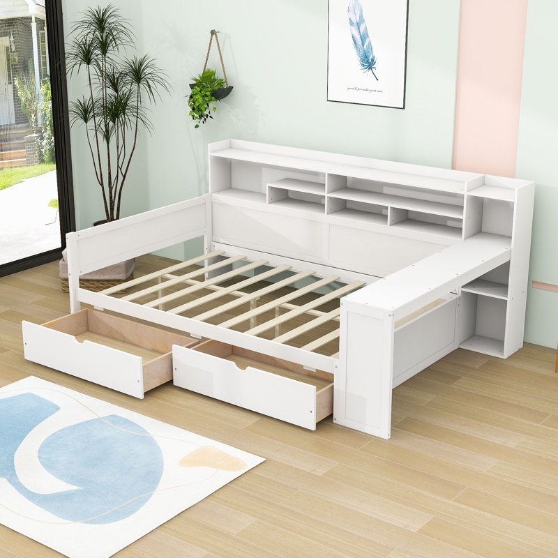Wood Daybed with 2 Storage Drawers and Study Desk, Antique White, Full / Double