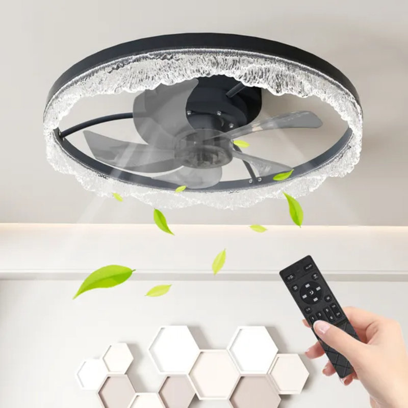 Ventilateur de plafond à DEL décoratif de 20 po, plafonnier encastré moderne avec anneau en acrylique, pales cachées, télécommande et contrôle d'application, ventilateur à profil bas à intensité variable pour le salon de la chambre à coucher (noir)