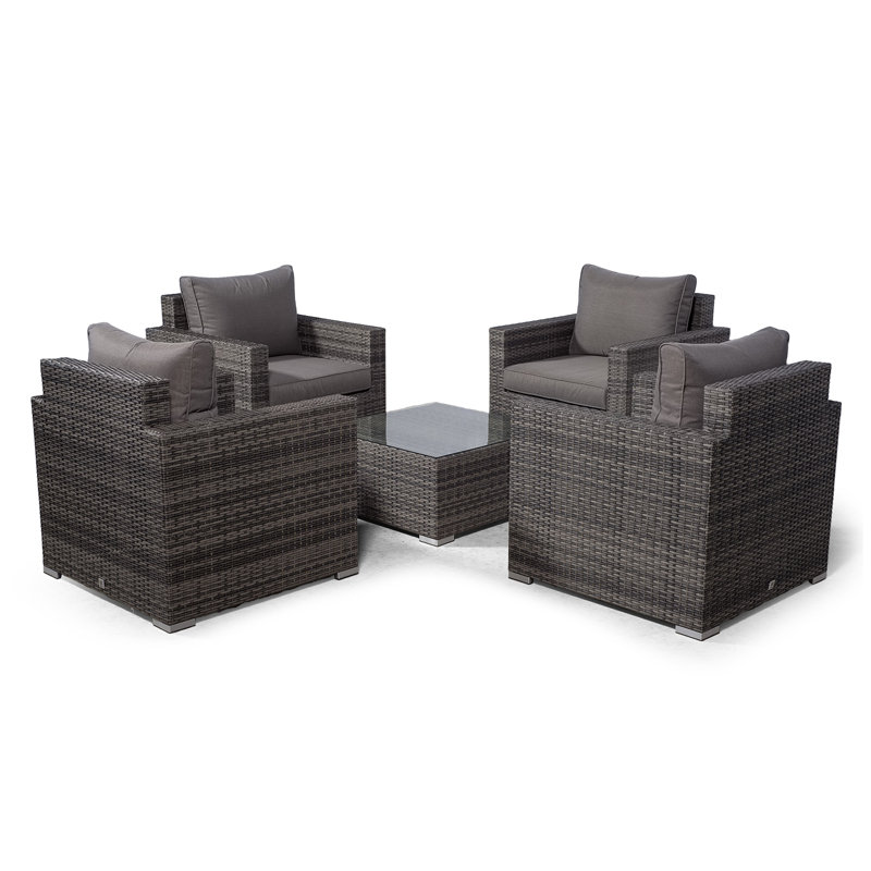 Villatoro Grey Rattan 4 X Armchairs With Square Coffee Table, Outdoor Patio Garden Furniture