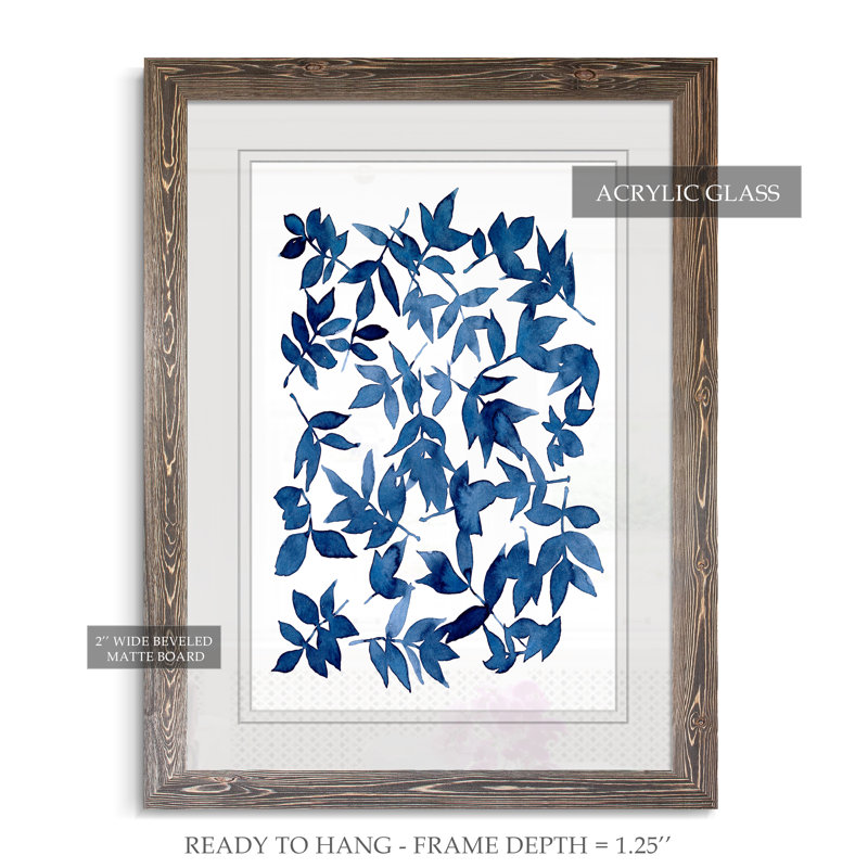 Indigo Fallen Leaves I - Peinture encadrée sur papier, H 44 po x l 32 po x P 1,25 po, Cadre espresso