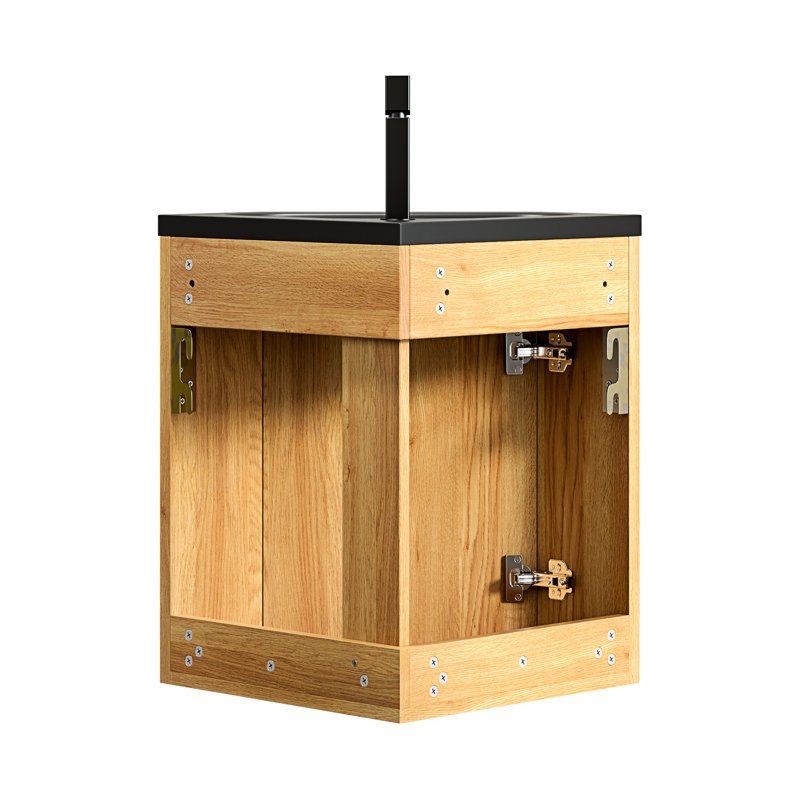 Meuble-lavabo suspendu triangulaire en résine noire intégrée de 76 cm (30 po), avec lavabo intégré et une porte. Rangement en contreplaqué naturel pour les petits coins de salle de bain et les espaces restreints.