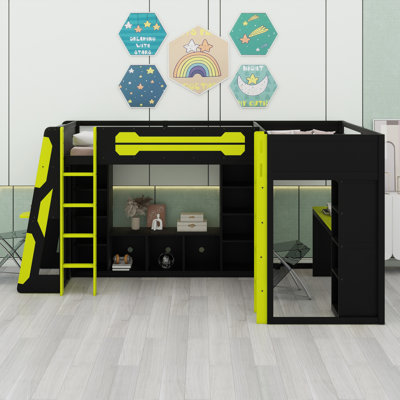 Cadre de lit de jeu en L en forme de L avec lumières DEL RVB, lits doubles, ports USB, meuble télé et tablettes de rangement, aménagement réversible, lit mezzanine en bois peu encombrant pour les adolescents et les adultes