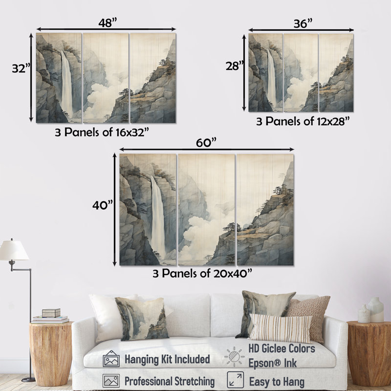 Beige et gris Simple Cliff Waterfall I - Ensemble de décoration murale cascade, Toile tendue, H 40 po x l 60 po x P 1 po