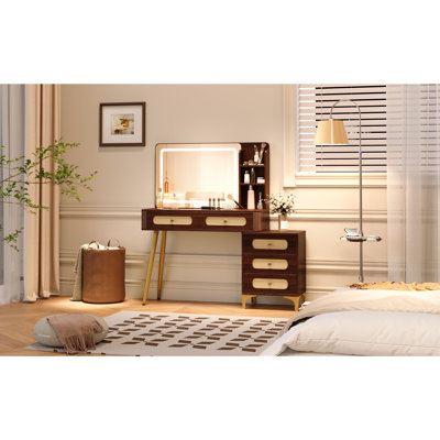Bureau de meuble-lavabo rétro 47 po avec tiroir en rotin, 5 tiroirs, tablette de rangement, 3 modes de couleurs et luminosité réglable, ton de bois brun