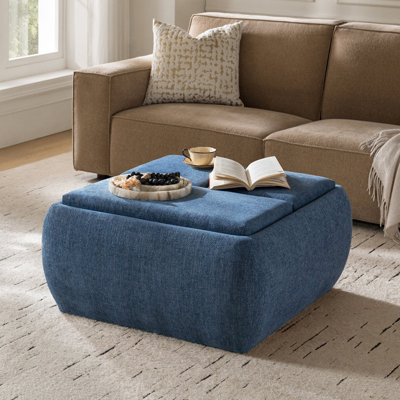 Repose-pieds en chenille Mid-Century moderne avec plateau en bois et rangement réversible 37,25 po Lessman, Marine
