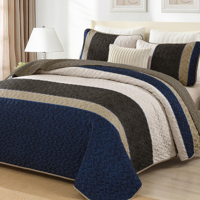 3-Piece Striped Plaid Boho Quilt Set Soft Microfiber Bedding Set, King Quilt + 2 Pillowcases, Brown/Blue