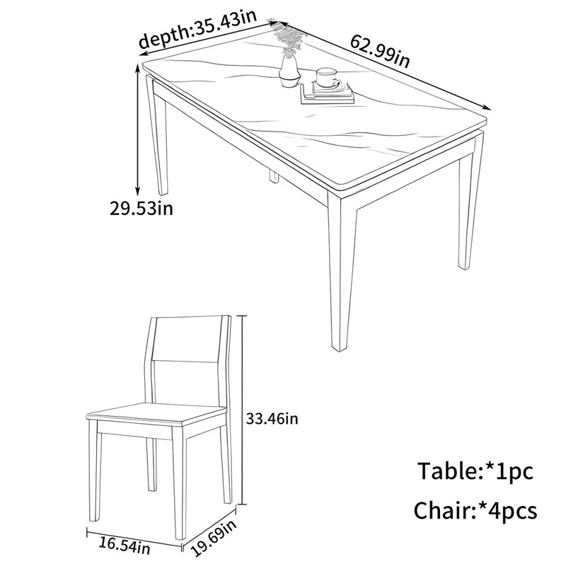 Rectangular small-sized dining table, 29.53"H x 62.99"L x 35.43"W