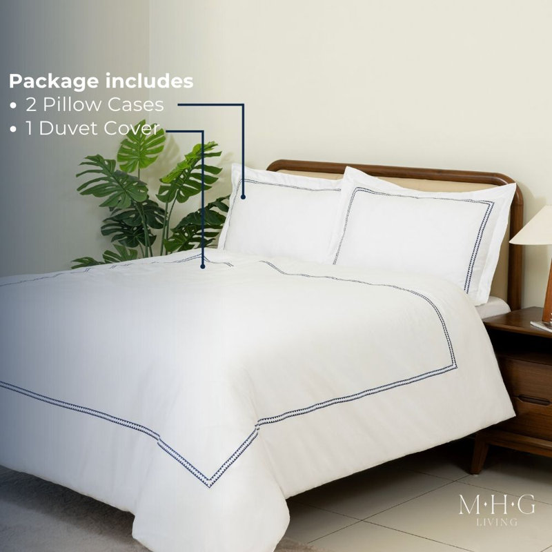 MHG Living Duvet Cover Set Mayfair Navy Baratta Stitch Design Cotton Bedding - Includes 2 Pillowcases, King