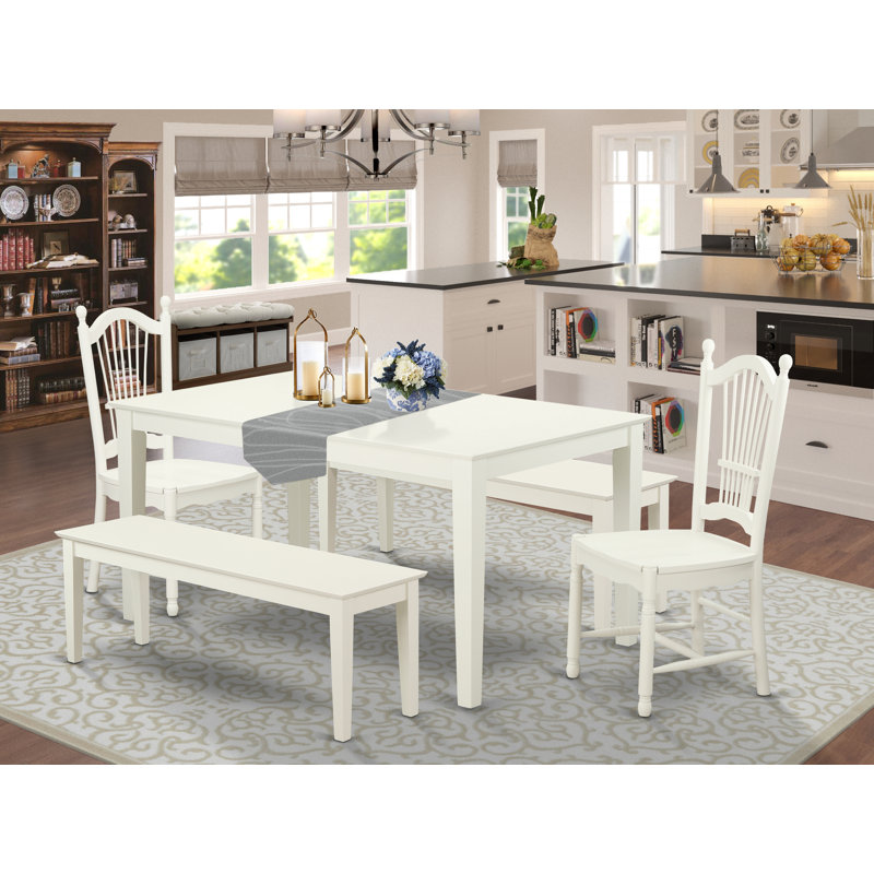 5 Piece Dinette Set for 4 Includes a Rectangle Dining Room Table and 2 Dining Chairs with 2 Benches, 36x60 Inch, Linen White