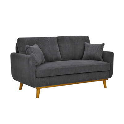 Velours côtelé gris Mid-Century 2 places avec pieds fuselés, accoudoirs évasés, structure en bois massif et coussins décoratifs pour les espaces compacts de style gris, avec appartements