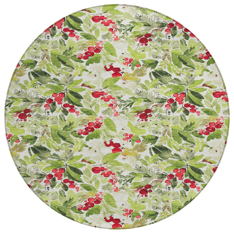Machine Washable Indoor/Outdoor Christmas Cherries Xhevrie Aloe Rug, Round 8'