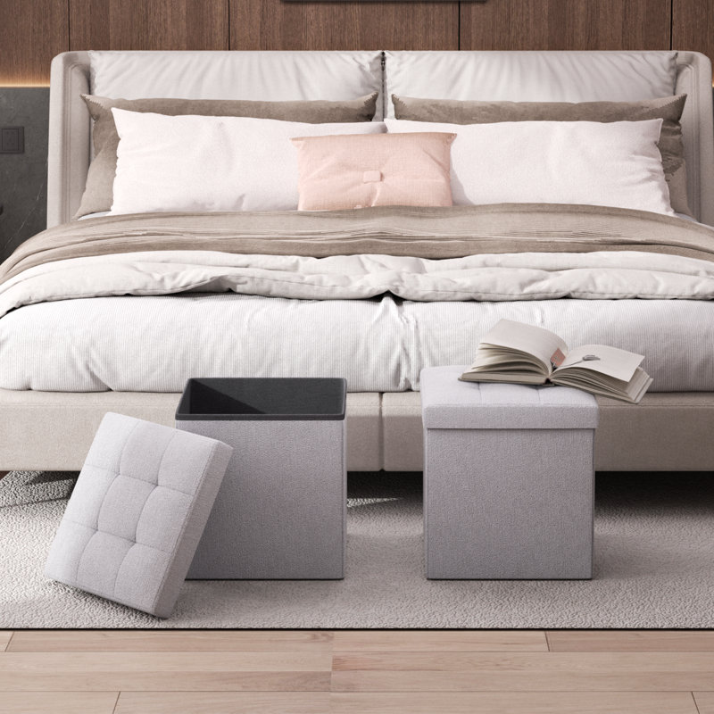 15" Cube Folding Ottoman With Storage, Cotton-Linen Collapsible Foot Stool, For Living Room, Bedroom Entryway, Light Gray