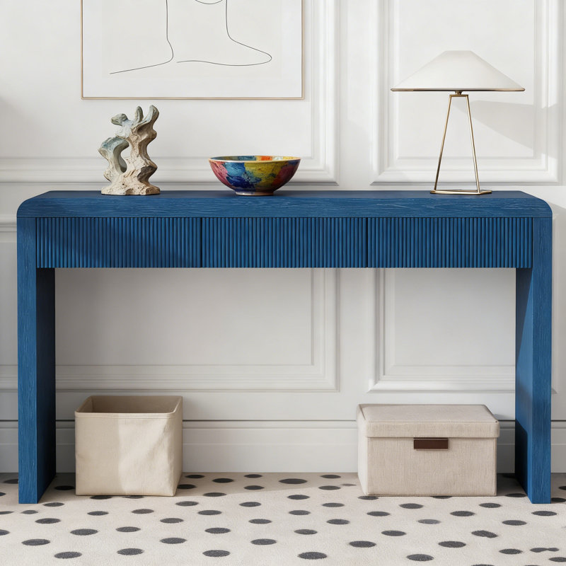 Console rustique avec 3 tiroirs cannelés - Table d'entrée en placage de bois massif avec grain de bois naturel pour le salon, couloir (bleu marine)